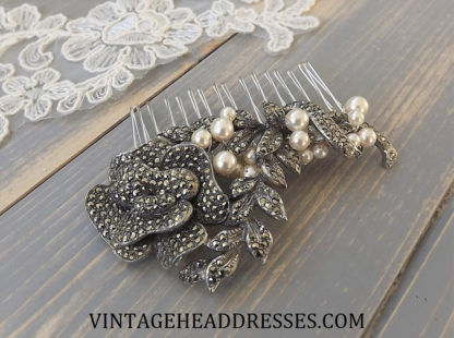 Vintage Marcasite & Pearl Hair Comb