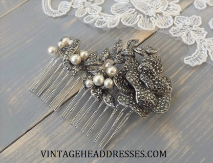 Vintage Marcasite & Pearl Hair Comb