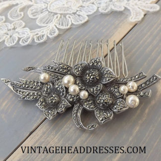 Vintage Marcasite & Pearl Hair Comb