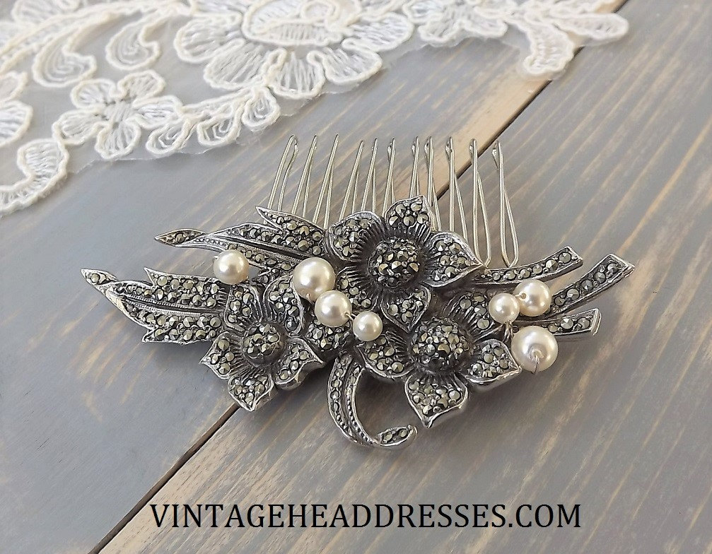 Vintage Marcasite & Pearl Hair Comb by Vintage Headdresses